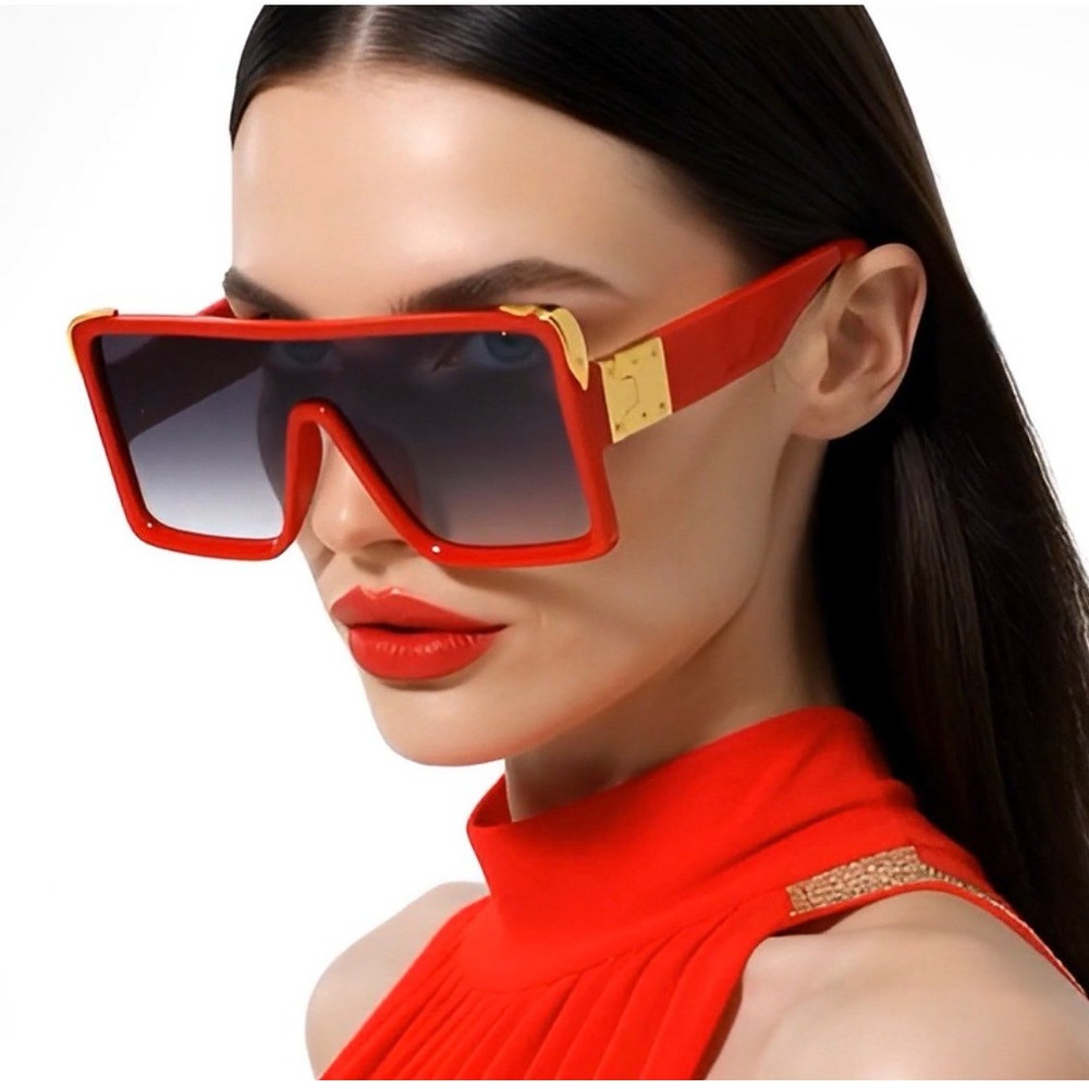 Oversized Square Sunglasses Red‎ Frame Gold Black Lens Stret Beach Wear Women